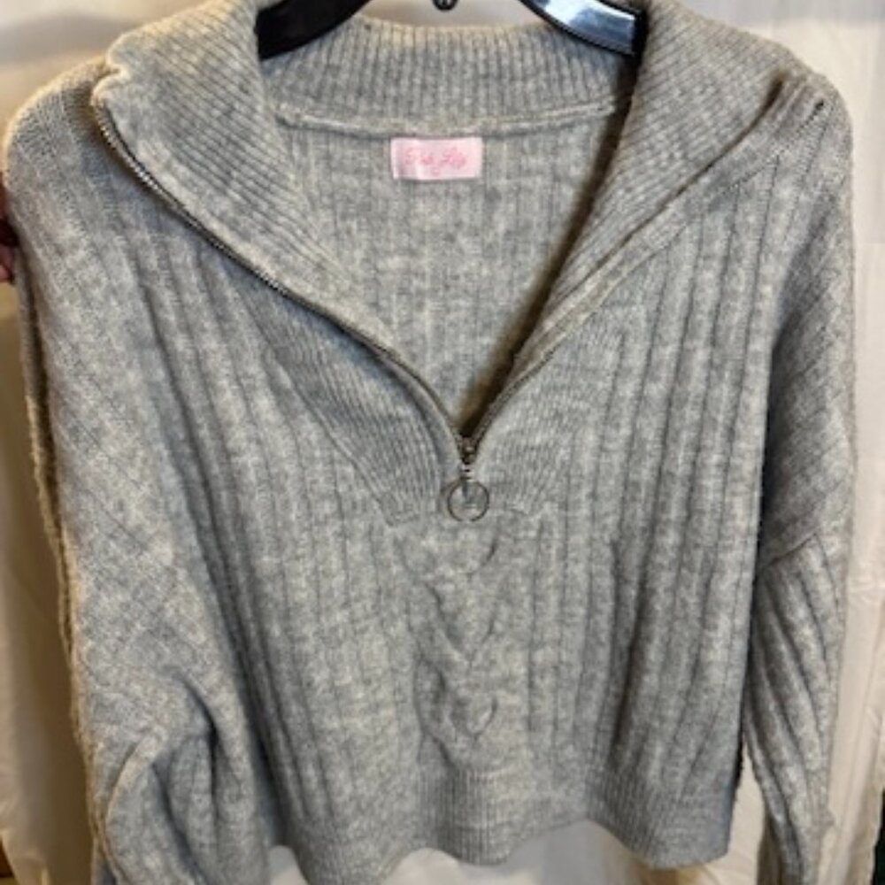 Pink Lily Gray Ribbed Cropped Half-Zip Sweater – Size L